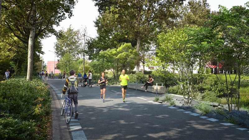 La rue Christian-Pauc sera transformée en voie piétonne et cyclable, agrémentée de salons équipés de bancs et de tables de pique-nique. © Ateliers up / Keran La rue Christian-Pauc sera transformée en voie piétonne et cyclable, agrémentée de salons équipés de bancs et de tables de pique-nique. © Ateliers up / Keran