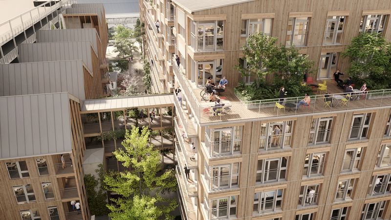 Les bâtiments, qui allient béton, structure bois pour les charpentes des toitures et une façade à ossature bois pour l’un des immeubles, seront reliés par des cours végétalisées. © Quartus – Chemetoff & Associés Les bâtiments, qui allient béton, structure bois pour les charpentes des toitures et une façade à ossature bois pour l’un des immeubles, seront reliés par des cours végétalisées. © Quartus – Chemetoff & Associés