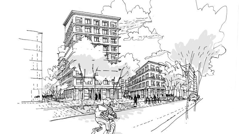 Associé à Boris Bouchet Architectes et l’Atelier Georges, le groupe Quartus porte un programme de 90 logements dont 67 libres et 23 sociaux et un restaurant en rez-de-chaussée. Ce projet s’articule autour d’une cour centrale et d’un jardin qui forme un écosystème avec l’îlot voisin, intégrant les arbres existants. Crédit : Quartus - Boris Bouchet Architectes - Atelier Georges.