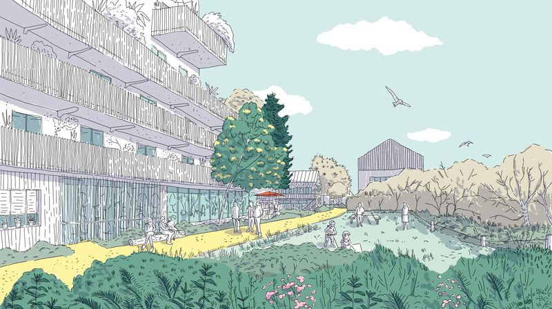 Le projet comprend de l’habitat individuel, intermédiaire et collectif faisant la part belle aux matériaux biosourcés. © Atelier super8