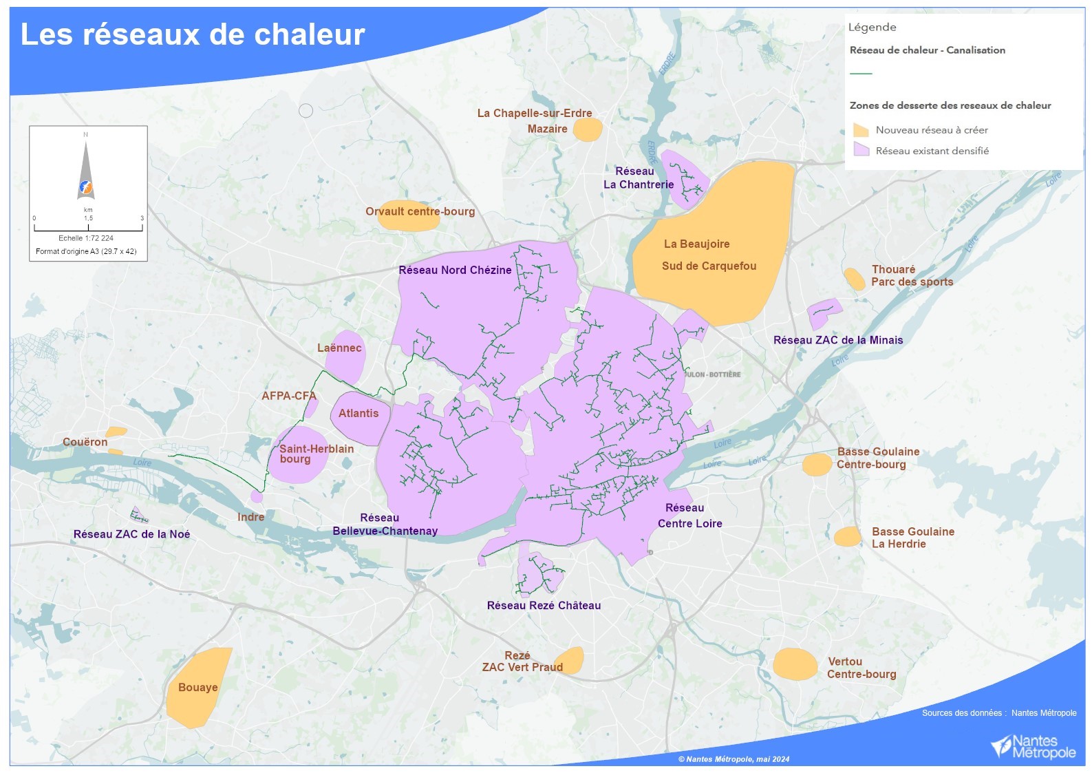La carte des réseaux de chaleur de Nantes Métropole